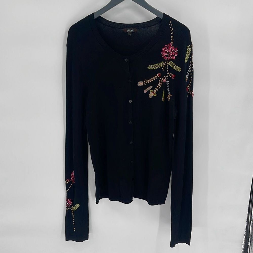 Camilleβ La Vie Womens Embroidered ButtonβFront Silk Blend Cardigan Black Medium